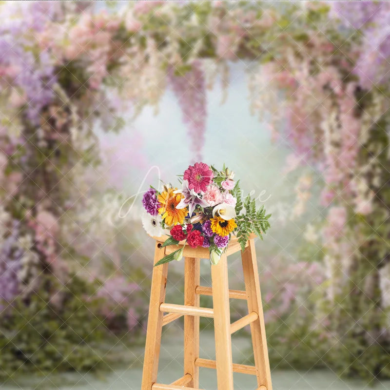 Aperturee - Aperturee Pink Wisteria Floral Archway Backdrop Enchanted Garden Path Spring Wedding Bridal Shower Photo Prop
