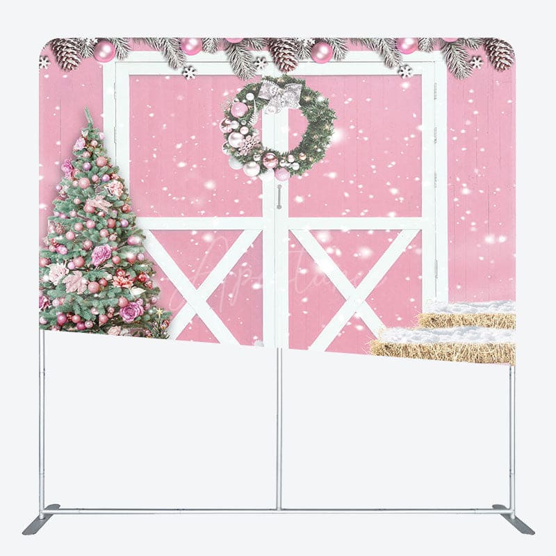 Aperturee - Aperturee Pink Wood Barn Door Christmas Tension Fabric Backdrop