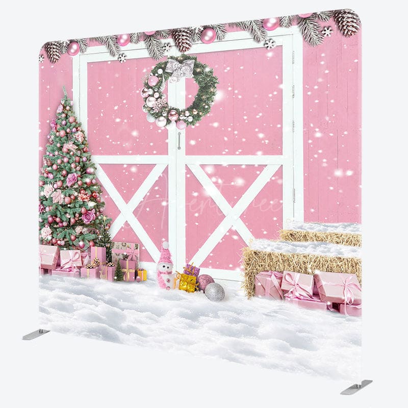 Aperturee - Aperturee Pink Wood Barn Door Christmas Tension Fabric Backdrop