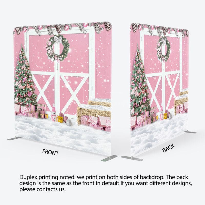 Aperturee - Aperturee Pink Wood Barn Door Christmas Tension Fabric Backdrop