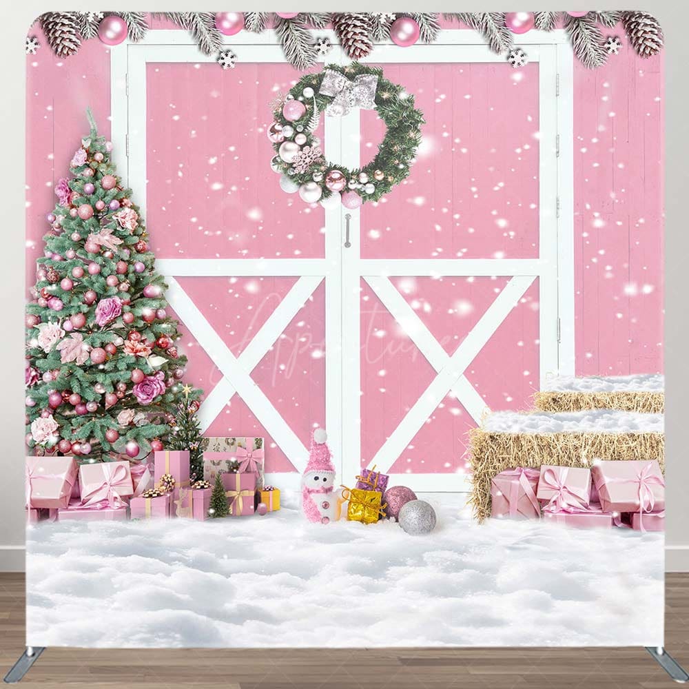 Aperturee - Aperturee Pink Wood Barn Door Christmas Tension Fabric Backdrop