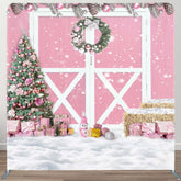 Aperturee - Aperturee Pink Wood Barn Door Christmas Tension Fabric Backdrop