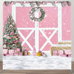 Aperturee - Aperturee Pink Wood Barn Door Christmas Tension Fabric Backdrop