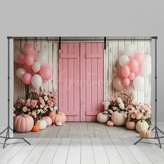 Aperturee - Aperturee Pink Wood Door Balloon Floral Pumpkin Wedding Backdrop