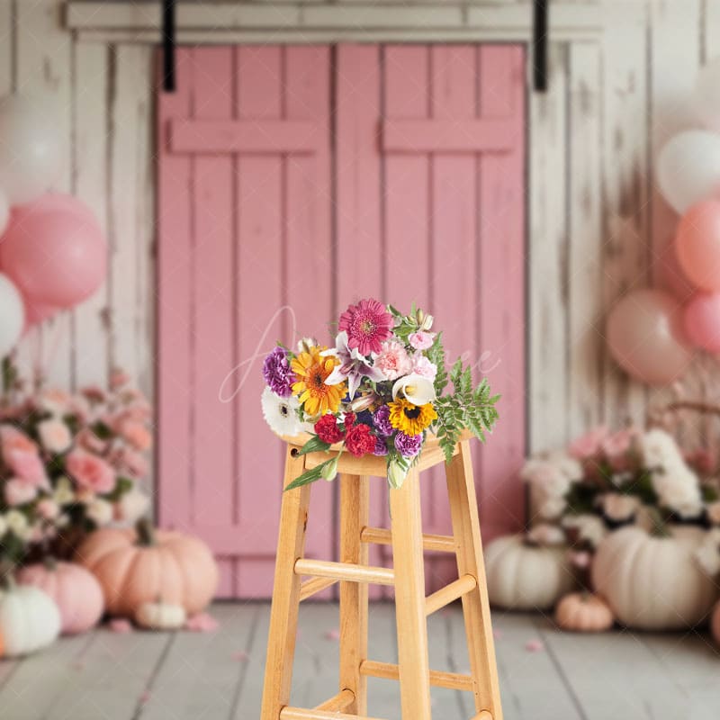 Aperturee - Aperturee Pink Wood Door Balloon Floral Pumpkin Wedding Backdrop