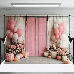 Aperturee - Aperturee Pink Wood Door Balloon Floral Pumpkin Wedding Backdrop