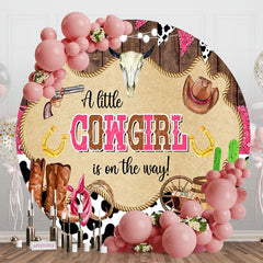 Aperturee - Aperturee Pink Wooden Little Cowgirl Round Baby Shower Backdrop