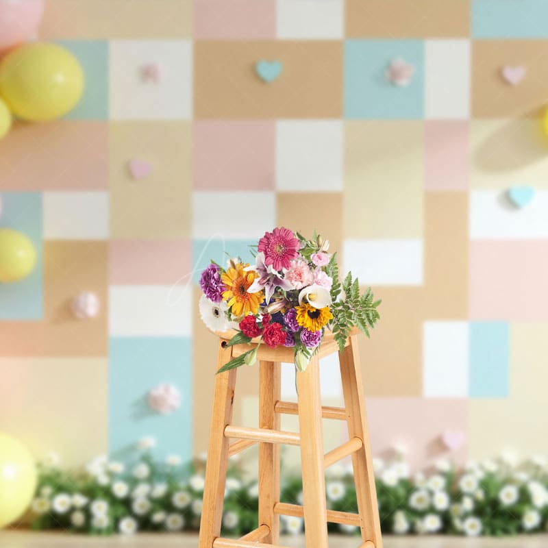 Aperturee - Aperturee Pink Yellow Checkered Balloons Wedding Photo Backdrop
