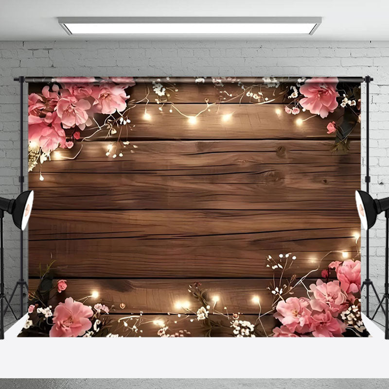 Aperturee - Aperturee Pinky Wooden Lights Floral Sweet Wedding Backdrop