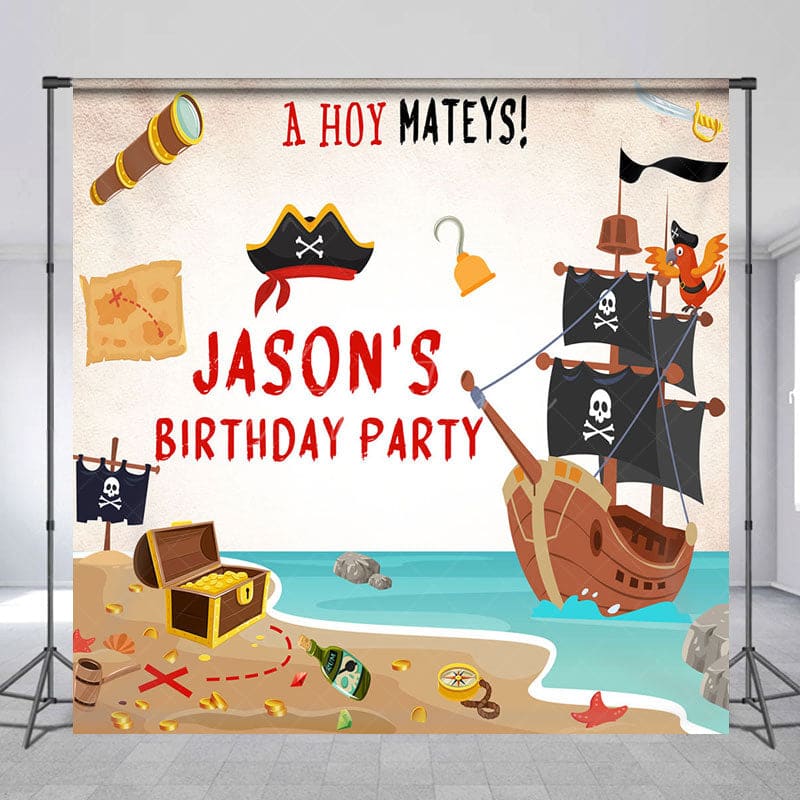 Aperturee - Aperturee Pirate Hoy Mateys Custom Name Birthday Party Backdrop