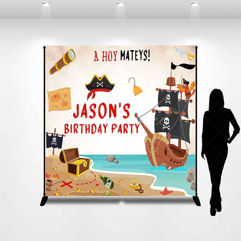 Aperturee - Aperturee Pirate Hoy Mateys Custom Name Birthday Party Backdrop