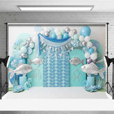 Aperturee - Aperturee Pisces Zodiac Photography Backdrop Silver Fish and Teal Wave Birthday Party Background