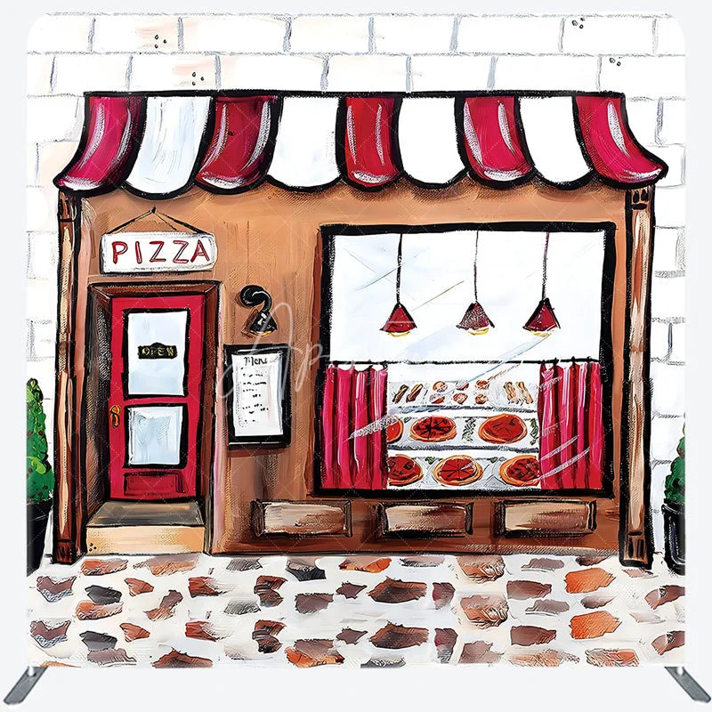 Aperturee - Aperturee Pizza Party Tension Fabric Backdrop Pizzeria Shop Storefront Italian Restaurant Birthday Photo Booth Prop
