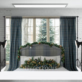Aperturee - Aperturee Plaid Curtain Window Christmas Headboard Backdrop