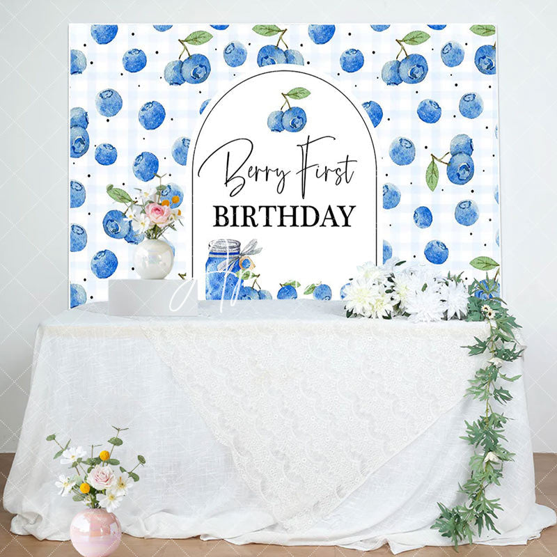 Aperturee - Aperturee Plaid Fresh Blueberry First Happy Birthday Backdrop