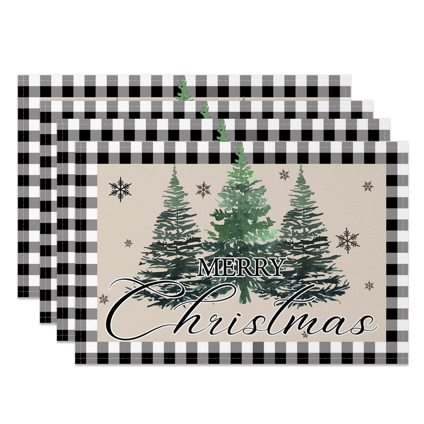 Aperturee - Aperturee Plaid Pine Tree Beige Christmas Set Of 4 Placemats