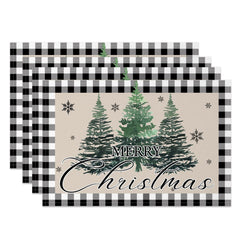 Aperturee - Aperturee Plaid Pine Tree Beige Christmas Set Of 4 Placemats