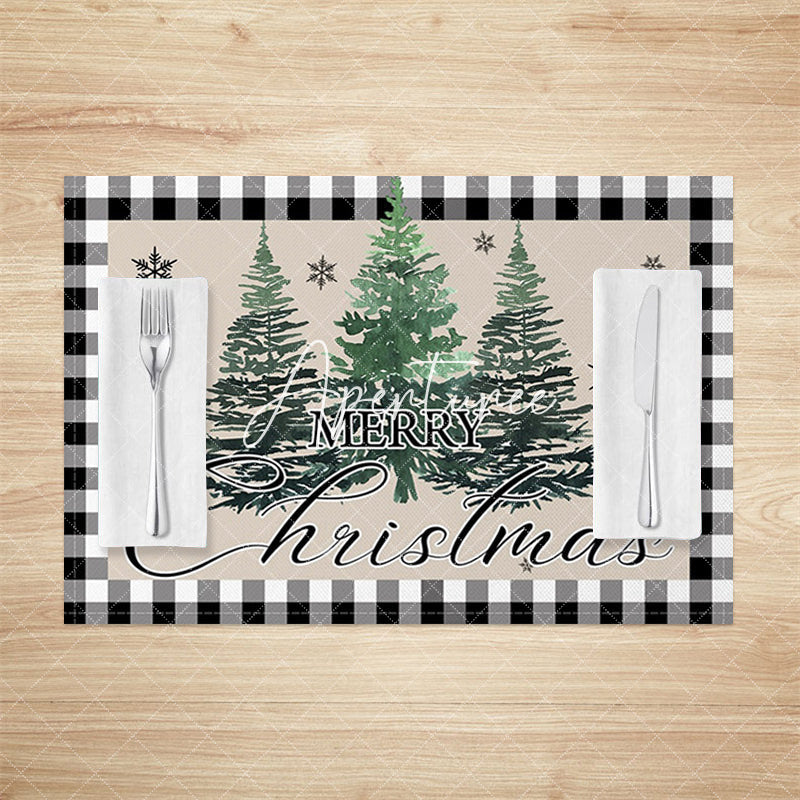 Aperturee - Aperturee Plaid Pine Tree Beige Christmas Set Of 4 Placemats