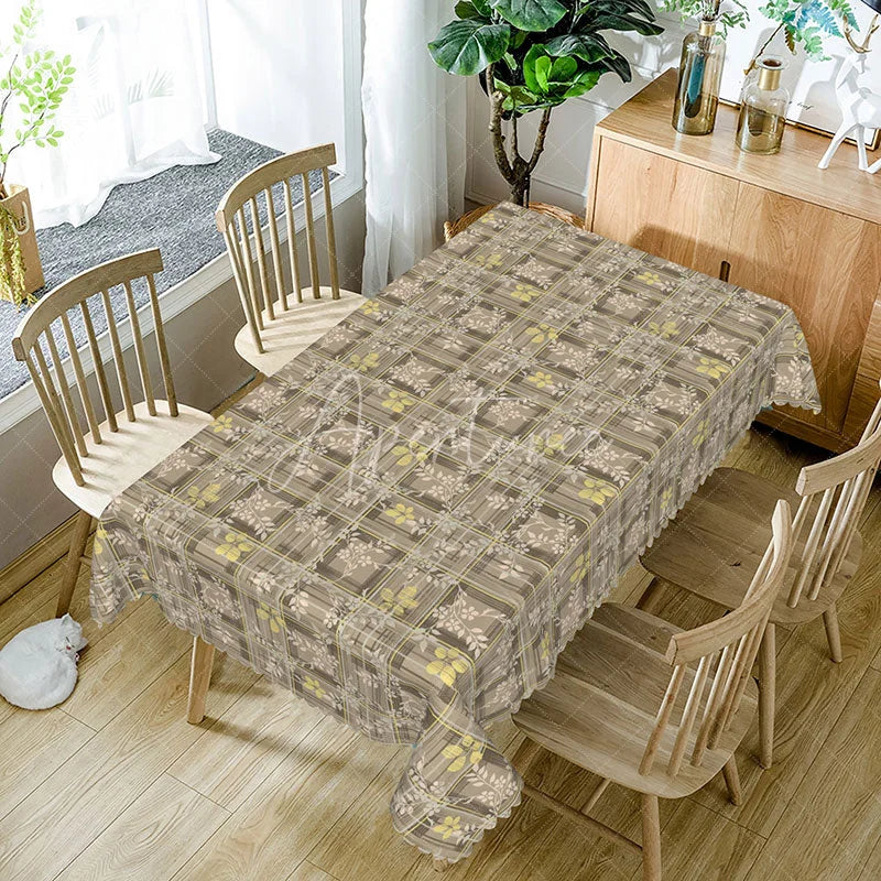 Aperturee - Aperturee Plaid Yellow Floral Rectangle Tablecloth Rustic Brown Checkered Pattern Farmhouse Country Dining Table Cover Kitchen