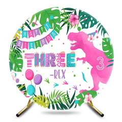 Aperturee - Aperturee Plant Pink Dinosaur Three Rex Round Birthday Backdrop