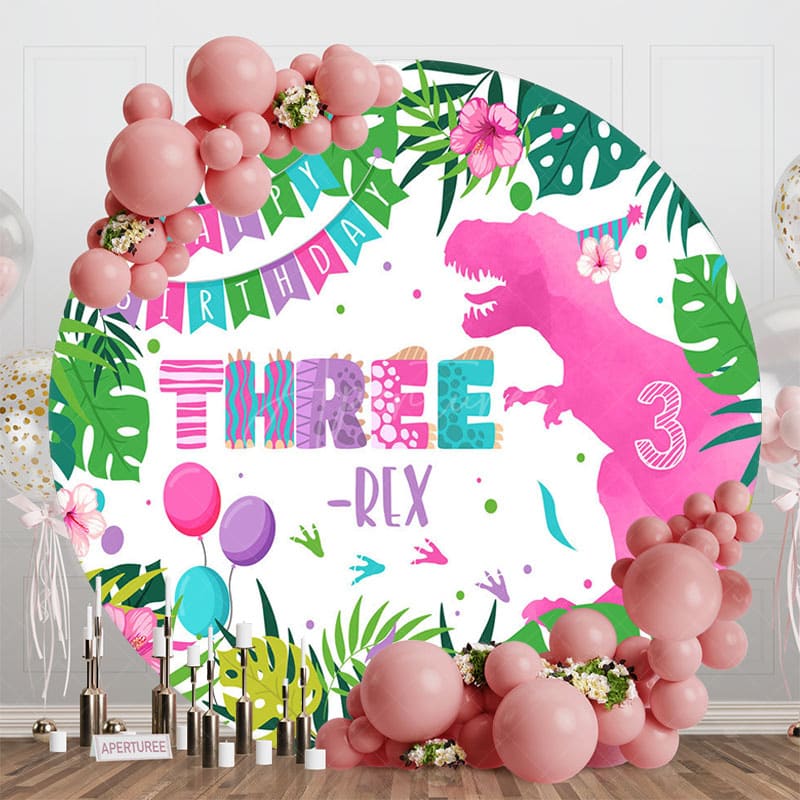 Aperturee - Aperturee Plant Pink Dinosaur Three Rex Round Birthday Backdrop