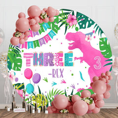 Aperturee - Aperturee Plant Pink Dinosaur Three Rex Round Birthday Backdrop