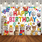 Aperturee - Aperturee Playful Cats Happy Birthday Backdrop with Colorful Balloons Crowns and Festive Party Decor for Kids