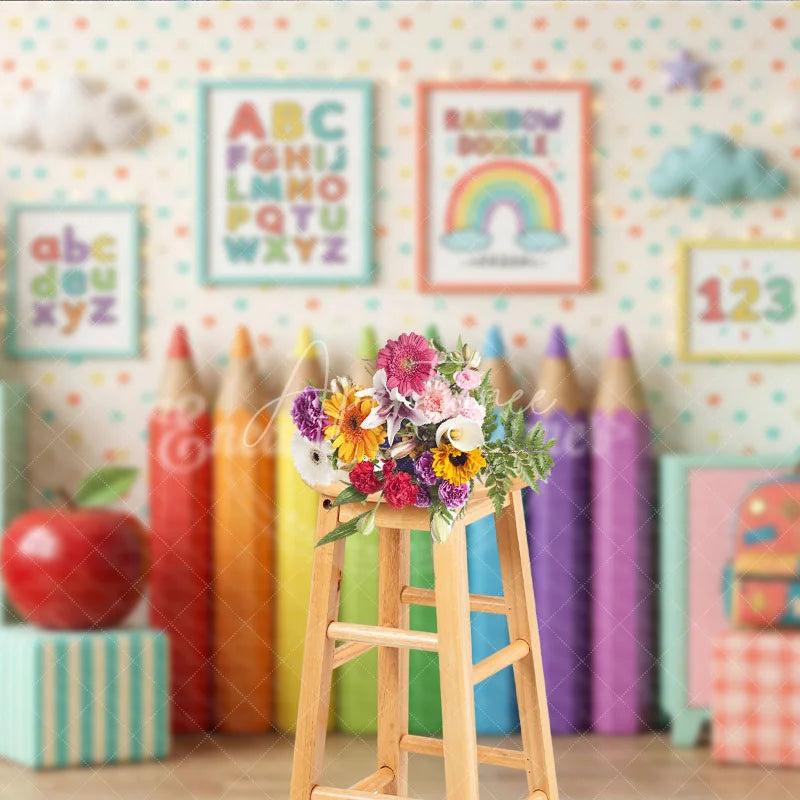 Aperturee - Aperturee Playful Classroom Photography Backdrop with Rainbow Pencils Books and Alphabet for Back to School
