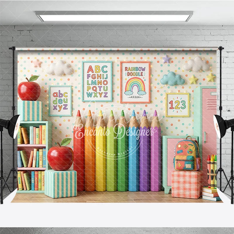 Aperturee - Aperturee Playful Classroom Photography Backdrop with Rainbow Pencils Books and Alphabet for Back to School