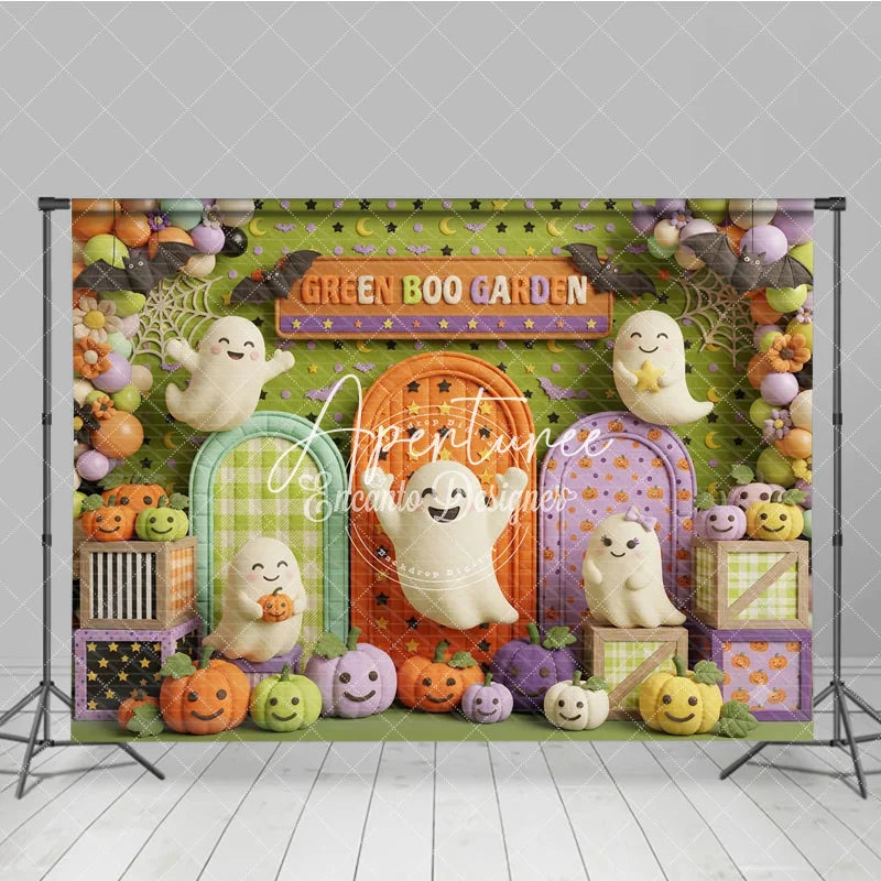 Aperturee - Aperturee Playful Green Boo Garden Cute Ghosts and Colorful Pumpkins Photography Backdrop Archways and Bats for Halloween Party
