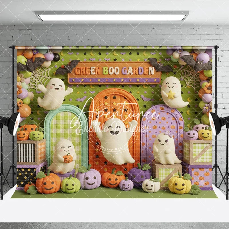 Aperturee - Aperturee Playful Green Boo Garden Cute Ghosts and Colorful Pumpkins Photography Backdrop Archways and Bats for Halloween Party
