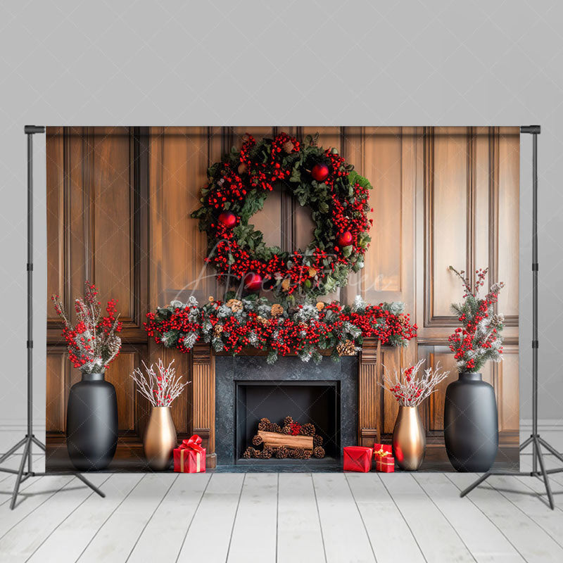 Aperturee - Aperturee Poinsettia Wreath Winter Christmas Indoor Photo Backdrop