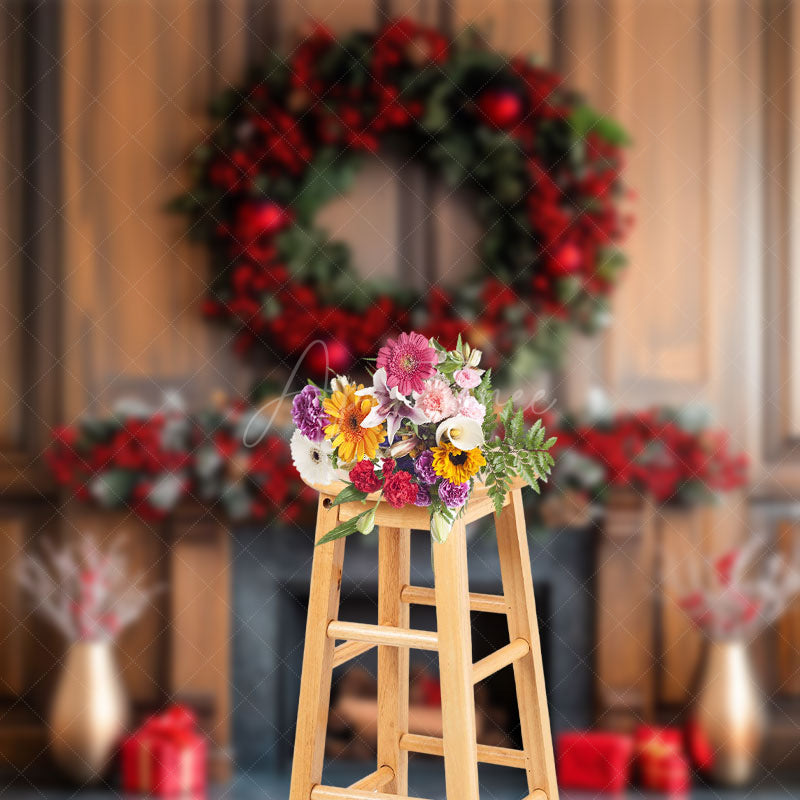 Aperturee - Aperturee Poinsettia Wreath Winter Christmas Indoor Photo Backdrop