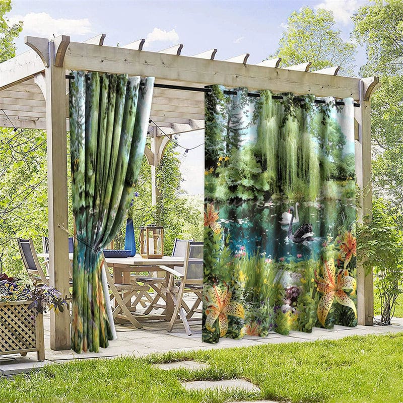 Aperturee - Aperturee Pond Swan Scene Waterproof Printed Outdoor Curtains
