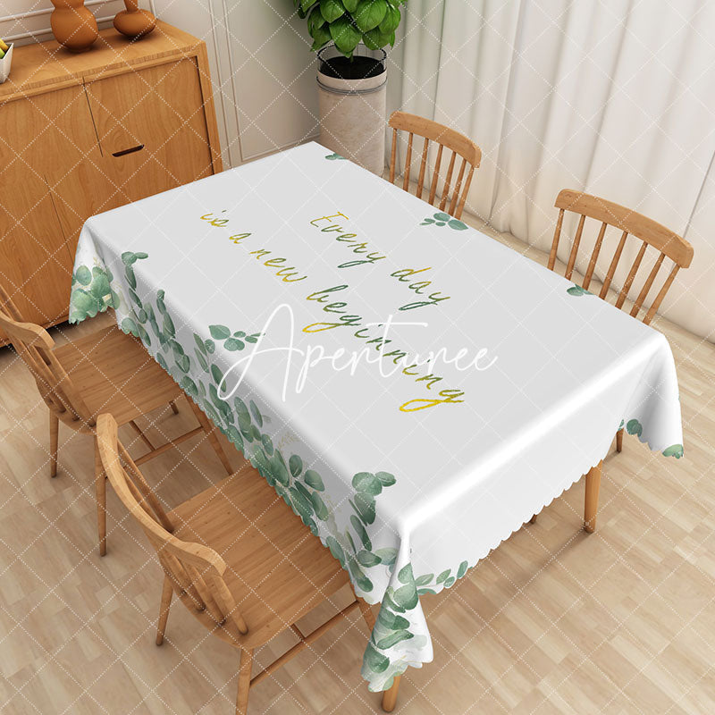 Aperturee - Aperturee Positive Green Leaves White Rectangle Tablecloth