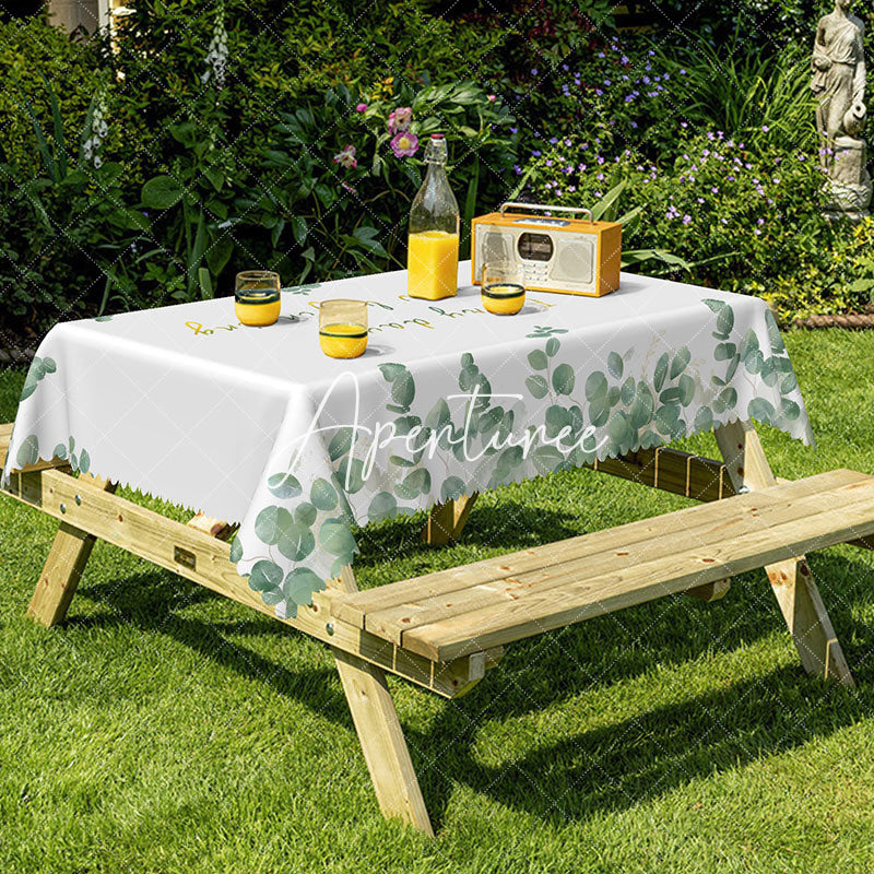 Aperturee - Aperturee Positive Green Leaves White Rectangle Tablecloth