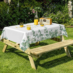 Aperturee - Aperturee Positive Green Leaves White Rectangle Tablecloth