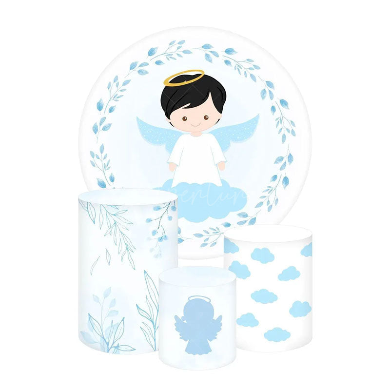 Aperturee Aperturee Praying Angel Baptism Round Backdrop Kit Blue and White with Clouds and Greenery Boys Christening Photo Prop