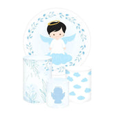 Aperturee Aperturee Praying Angel Baptism Round Backdrop Kit Blue and White with Clouds and Greenery Boys Christening Photo Prop