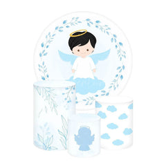Aperturee Aperturee Praying Angel Baptism Round Backdrop Kit Blue and White with Clouds and Greenery Boys Christening Photo Prop