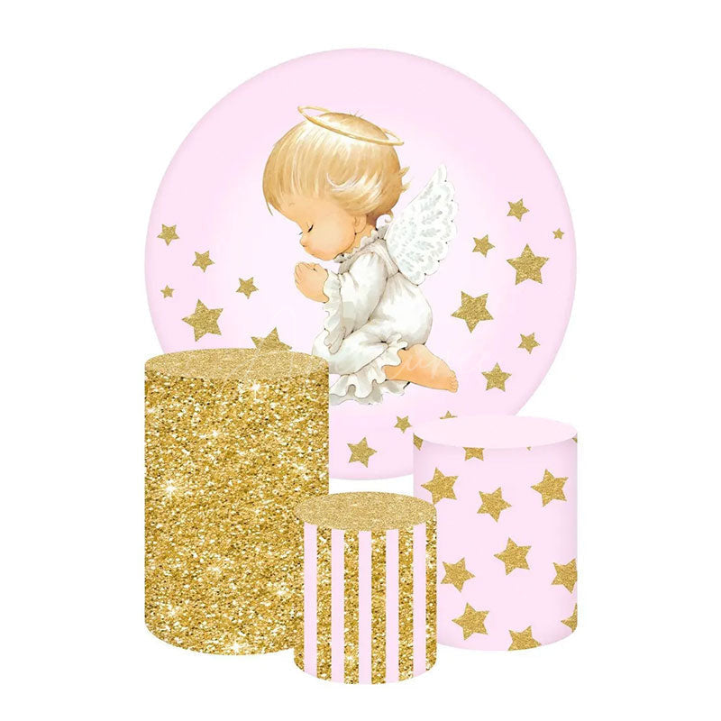 Aperturee Aperturee Praying Angel Baptism Round Backdrop Kit Pink and Gold Glitter with Stars Girls Christening or First Communion
