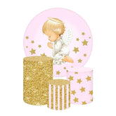 Aperturee Aperturee Praying Angel Baptism Round Backdrop Kit Pink and Gold Glitter with Stars Girls Christening or First Communion