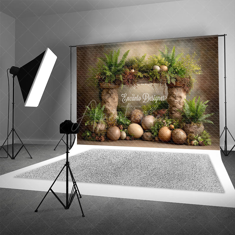 Aperturee - Aperturee Prehistoric Dinosaur Egg Photography Backdrop Stone Arch and Ferns for Birthday Jurassic Cake Smash Background