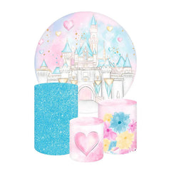 Aperturee Aperturee Princess Castle Birthday Round Backdrop Kit Pink and Blue Watercolor Fairytale Girls Party Photo Prop Decor