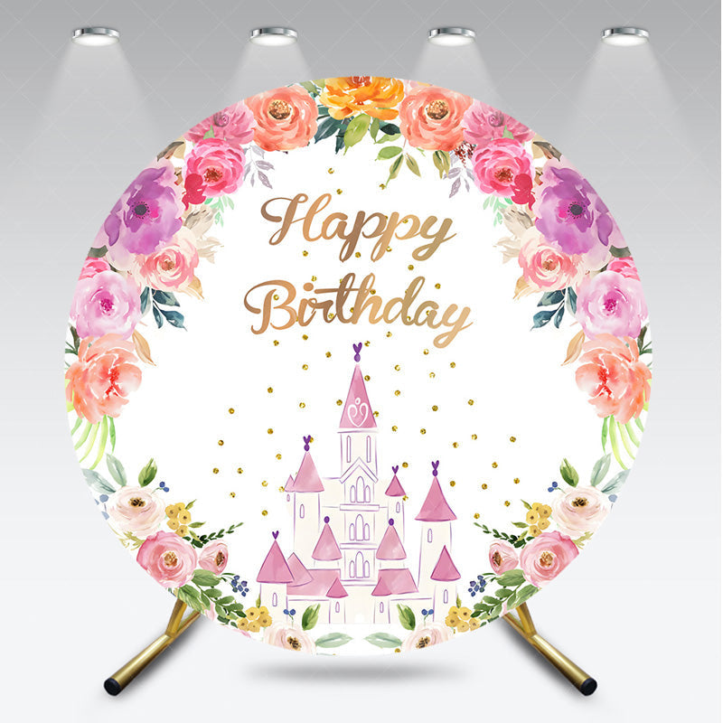 Aperturee Aperturee Princess Castle Birthday Round Backdrop Pink and Gold Floral Wreath Banner Fairytale Themed Party Photo Prop