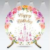 Aperturee Aperturee Princess Castle Birthday Round Backdrop Pink and Gold Floral Wreath Banner Fairytale Themed Party Photo Prop
