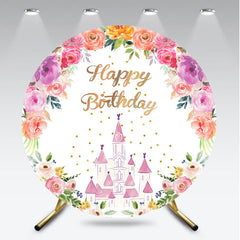 Aperturee Aperturee Princess Castle Birthday Round Backdrop Pink and Gold Floral Wreath Banner Fairytale Themed Party Photo Prop