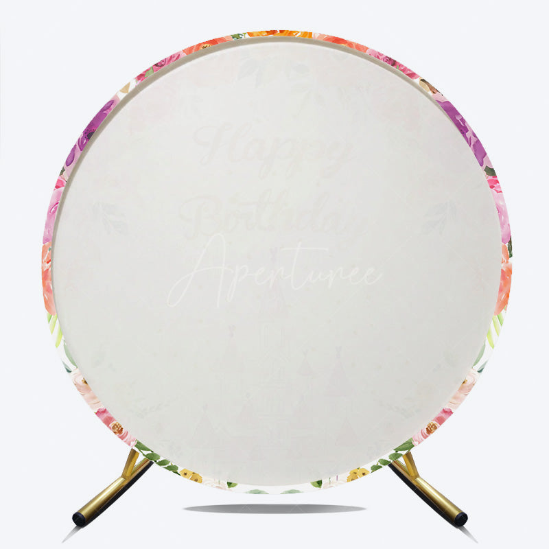 Aperturee Aperturee Princess Castle Birthday Round Backdrop Pink and Gold Floral Wreath Banner Fairytale Themed Party Photo Prop