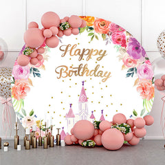 Aperturee Aperturee Princess Castle Birthday Round Backdrop Pink and Gold Floral Wreath Banner Fairytale Themed Party Photo Prop