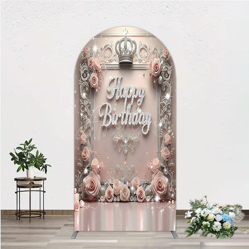Aperturee - Aperturee Princess Happy Birthday Arch Backdrop Royal Pink and Silver with Crown Elegant Queen Themed Party Decor